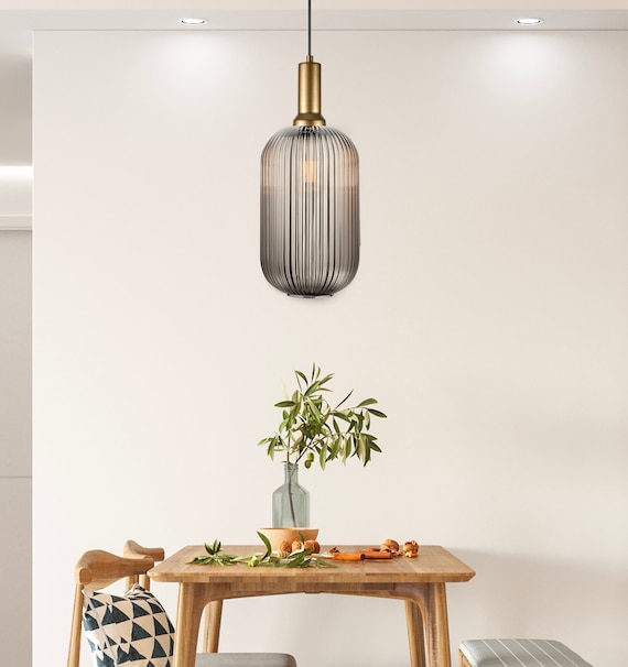 Smoke Gray Tinted Reeded Glass Minimalist Pendant Lighting, Multi Light for Stairwell Long Chandelier, Amber - Brown - Clear Transparent