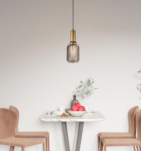Minimalist  Smoke Gray Ribbed Glass Pendant Lighting, Custom Glass Pendant Lighting, Nordic - Hygge Reeded Pendant, Kitchen Hanging Light