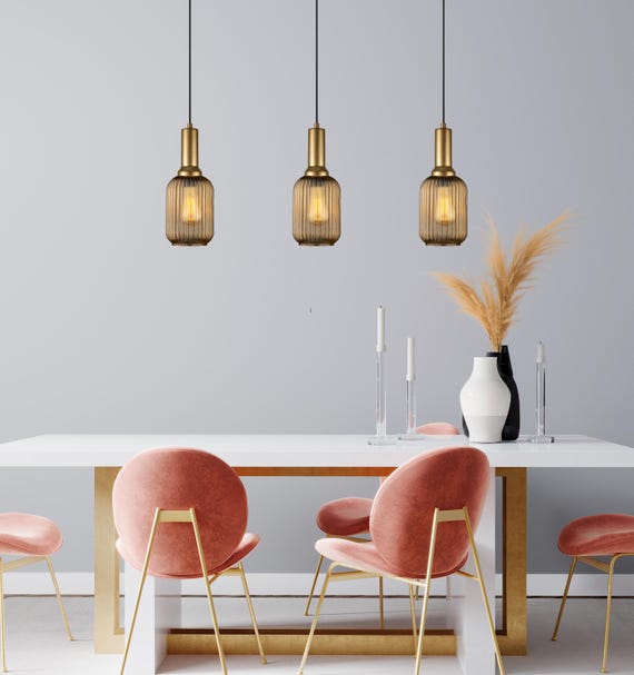 Amber Ribbed Modern Glass Pendant Lighting, Custom Ribbed Glass Pendant Lighting, Elegant Multi Lighting for Stairwell Long Chandelier