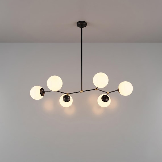 Mid Century 6 Light Opal Globe Chandelier, Custom Sputnik Pendant Light, Modern Ceiling Lamp