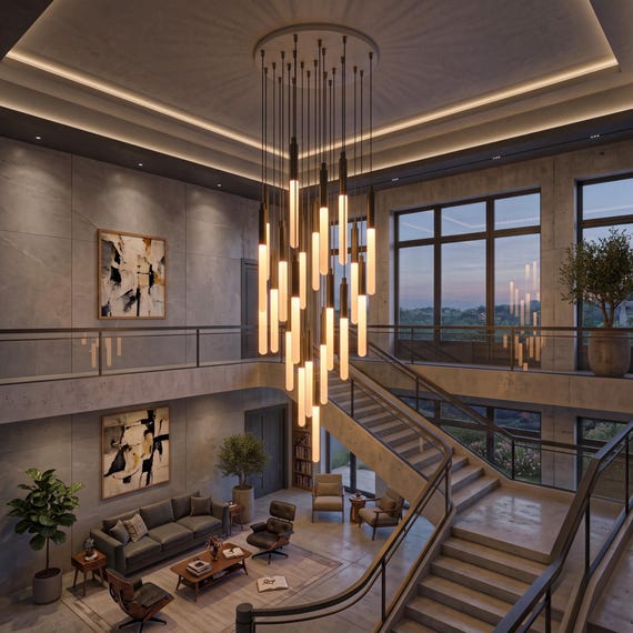 Frosted  Tube Modern Multi Pendant LED Light | Customize High Ceiling Chandelier,  Large Stairwell Fixture