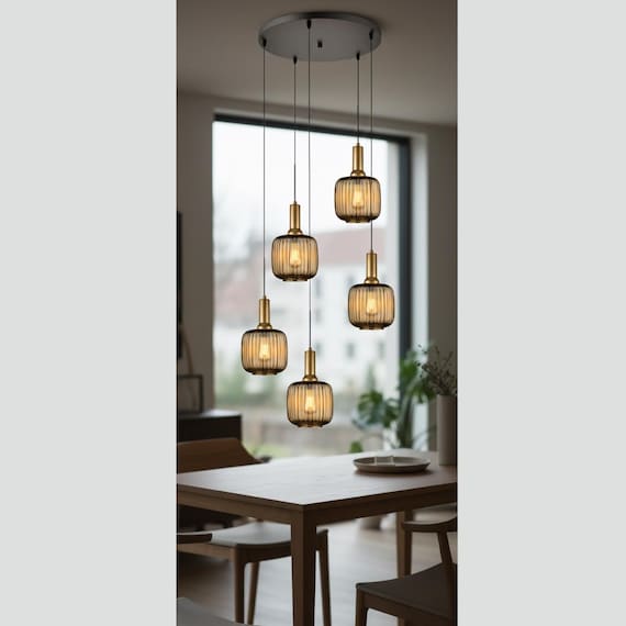 Amber Ribbed Glass Pendant Light: Modern Chandelier Lighting