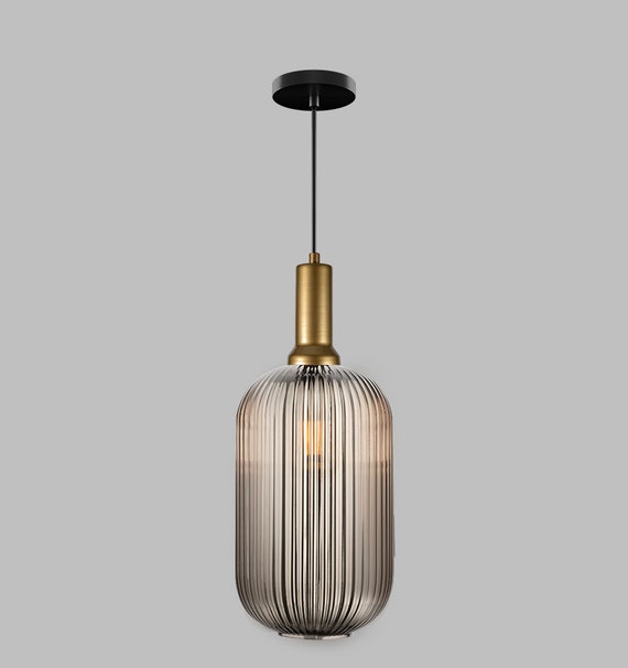 Reeded Glass Pendant Light: Smoke Gray Modern Chandelier, Customizable