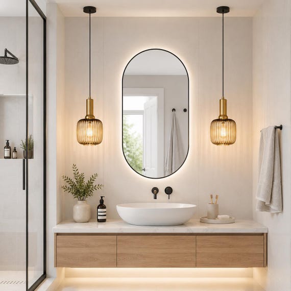 Modern Brass Pendant Light, Ribbed Amber Glass Ceiling Fixture