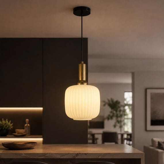 Modern Ribbed Glass Pendant Light | Brass Ceiling Fixture, Amber/Smoke/Clear/Opal