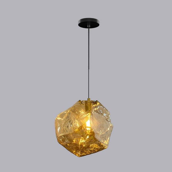Modern Amber Glass Ice Cube Pendant Lighting for Kitchen Island, Handmade Ice Glass Pendant Ceiling Lights, Custom Single Chandelier