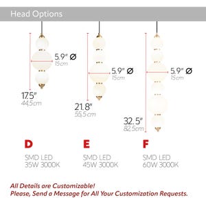 May include: Three pendant light fixtures with spherical, frosted glass shades. Each fixture has a different length, with the longest measuring 32.5 inches (82.5 cm). The text reads "Head Options" and "All Details are Customizable!"