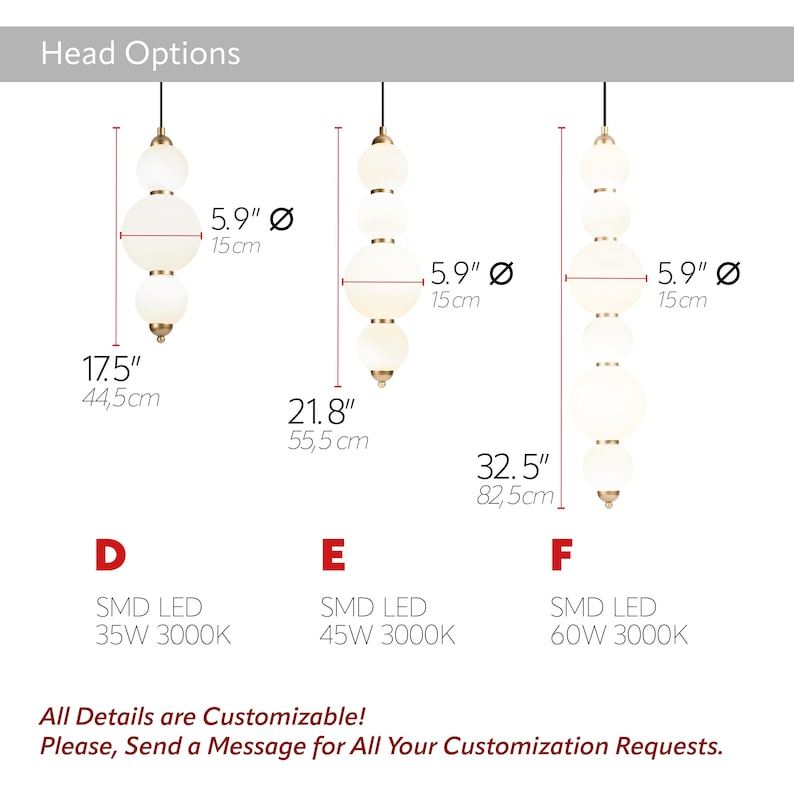 May include: Three pendant light fixtures with spherical, frosted glass shades. Each fixture has a different length, with the longest measuring 32.5 inches (82.5 cm). The text reads "Head Options" and "All Details are Customizable!"
