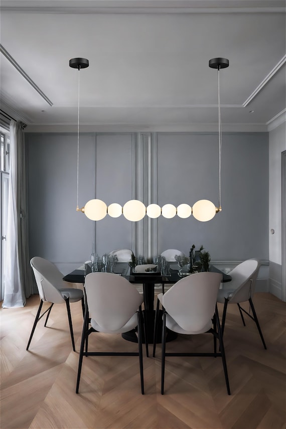 Modern Linear LED Chandelier for Dining Table or Kitchen Island, Minimalist Opal Globe Pendant Light, Contemporary Linear Globe Light