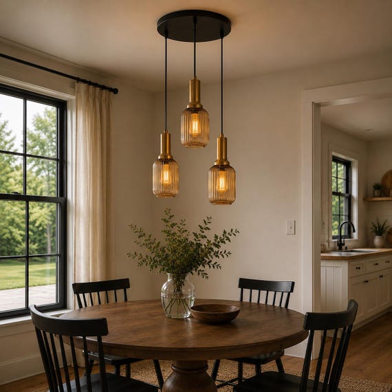 Amber Ribbed Glass Pendant Light - Modern Stairwell Chandelier