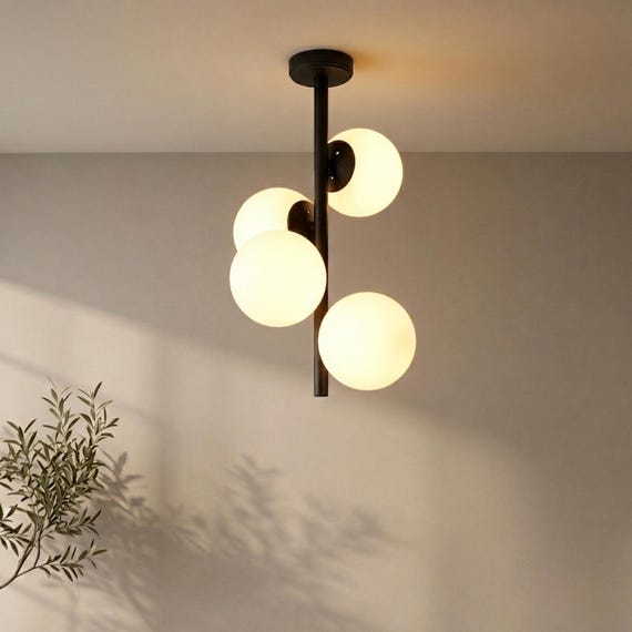 Modern Globe Chandelier, 4-Light Flush Mount, Black Opal Glass Ceiling Lamp