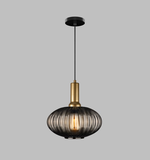 Smoke Gray Ribbed Glass Pendant Light: Modern Stairwell Chandelier
