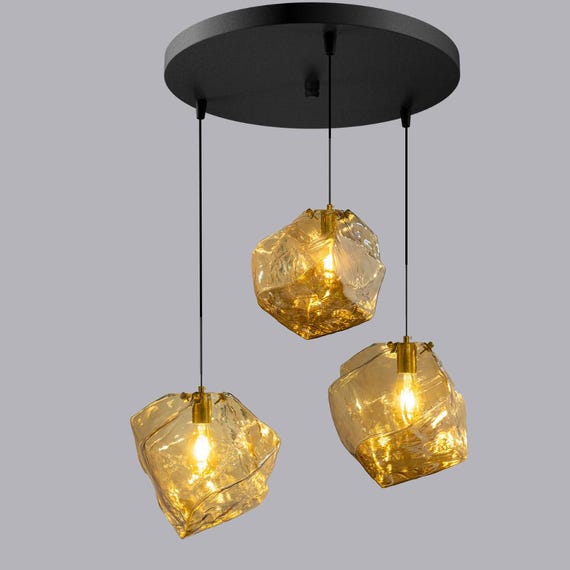 Modern Chandelier Lighting for Entryway, Handmade Ice Glass Pendant Ceiling Lights, Kitchen Island Decor Lighting, Amber&Smoke Gray Glass