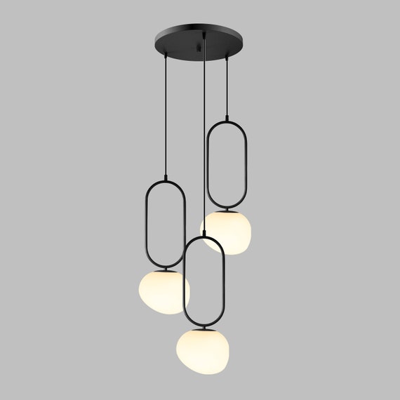 Modern Multi Light Pendant: Handmade Opal Glass for  Staircase Chandelier