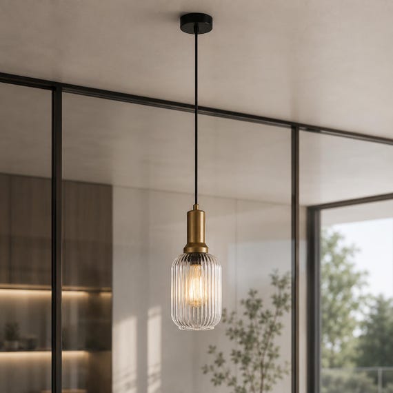 Clear Ribbed Glass Pendant Light: Modern Stairwell Chandelier