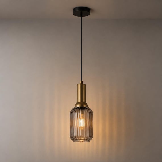 Smoke Gray Ribbed Glass Pendant Light - Nordic Modern Hanging Lamp