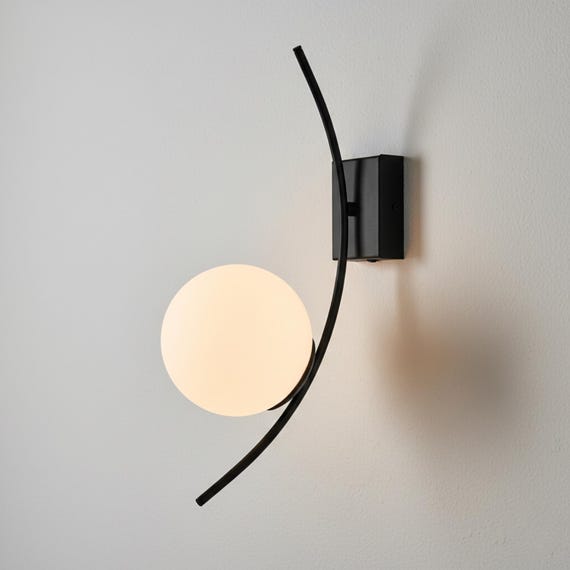Modern Curved Wall Sconce – Opal Glass Globe Lamp – Black Metal Hallway Light