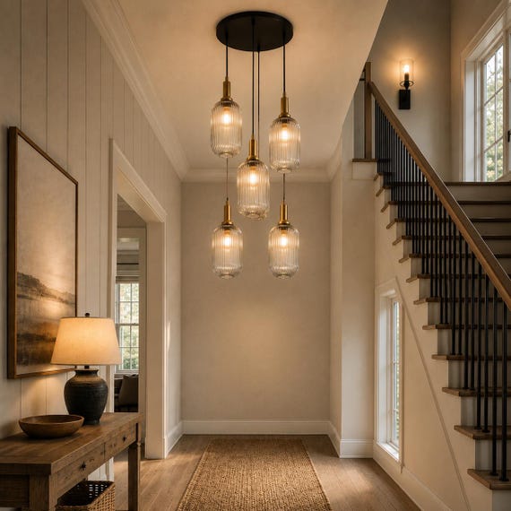 Reeded Glass Multi-Pendant Light: Long Chandelier for High Ceilings