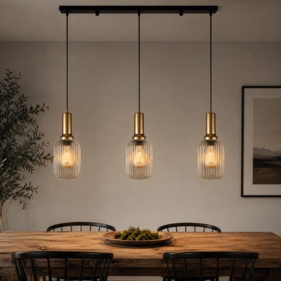 Clear Ribbed Glass Pendant Light: Modern Linear Multi-Light Chandelier for Dining Room