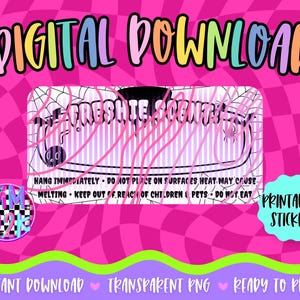 May include: A digital download graphic with the text "DIGITAL DOWNLOAD" in colourful bubble letters. The image features a "FRESHTE SCENTS" sticker design with a spiderweb and a cartoon ghost. Additional text includes "PRINTABLE STICKER".