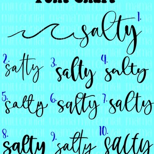 May include: A chart showing 10 different font styles for the word "salty". The word is written in black on a light blue background.