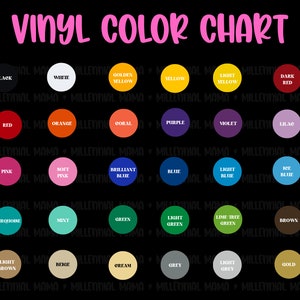 May include: Vinyl color chart with 24 color swatches. Colors include black, white, golden yellow, yellow, light yellow, dark red, red, orange, coral, purple, violet, lilac, pink, soft pink, brilliant blue, blue, light blue, ice blue, turquoise, mint, green, light green, lime tree green, brown, light brown, beige, cream, grey, light grey, and gold.