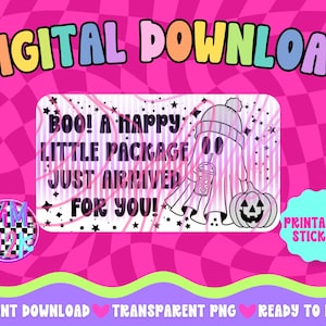May include: A rectangular sticker design featuring a ghost wearing a beanie, holding a drink, and standing next to a jack-o'-lantern. The text reads: BOO! A HAPPY LITTLE PACKAGE JUST ARRIVED FOR YOU! The background has black stars and thin vertical lines.