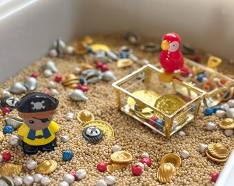 Pirate Sensory Bin: Treasure Chest, Coins & Colored Filler