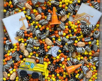 Construction Sensory Bin: Tires, Drills, Colored Beans & Pasta
