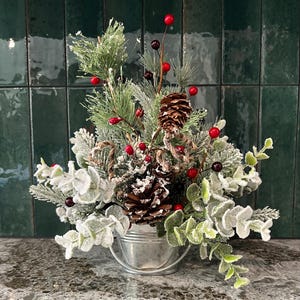 Frosted Pine Christmas Rustic Decor, Country Winter Centerpiece, Holiday Farmhouse Table Arrangement, Mom Kitchen Xmas Gift