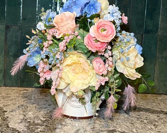 Pink Pink Peony Hydrangea Flower Centerpiece, Summer Blue French Garden Arrangement, Farmhouse Home Decor, Peach Wedding Bridal Decoration