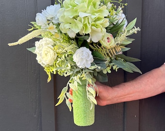 Green Hydrangeas Cemetery Vase Insert: Grave White Ranunculus Roses Flower Refill, Grave Vase Floral, Tombstone Decoration