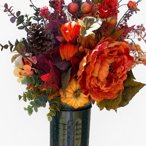 Fall Hydrangea Rose Floral Arrangement Insert, Orange Pumpkin Burgundy Vase Refill, Autumn Funeral Flower, Memorial Cemetery Decoration