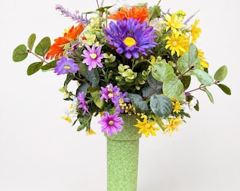 Summer Daisy Cemetery Floral Arrangement, Pink Purple Wildflower Memorial Vase Refill, Yellow Orange Gravesite Funeral Grave Vase Decoration