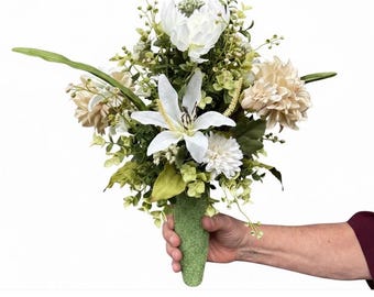 Brown White Mum Cemetery Floral Arrangement, Grave Vase Flower, Mausoleum Insert, Urn Flower Refill, Fall Gravestone Decoration