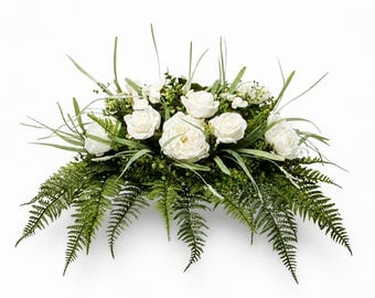 White Rose Mum Headstone Saddle,  Memorial Floral Gravestone Decoration, Summer Cemetery Arrangement, Sympathy Grave Blanket,  Casket Spray