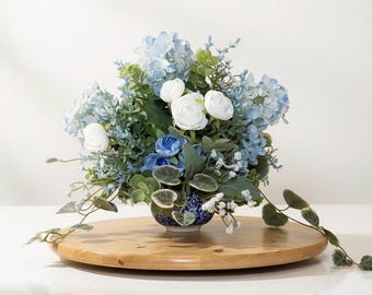 Blue White Yellow Floral Centerpiece, Summer Rose Arrangement, Garden Party Decoration, Hydrangeas Country Cottage Home Decor,