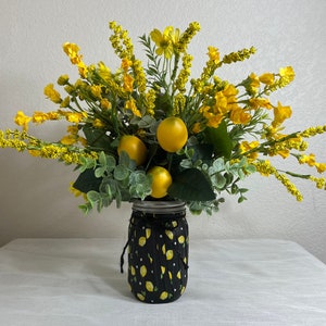Lemon Mason Jar Floral Arrangement, Citrus Kitchen Home Decor, Farmhouse Yellow Centerpiece, Fruit Tabletop Decoration