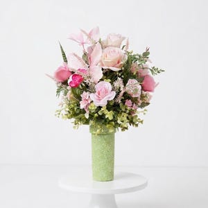Pink Rose Flower Cemetery Vase Floral Arrangement, Butterfly Summer Grave Insert Decoration, Funeral Memorial Floral Decor, Mausoleum Refill