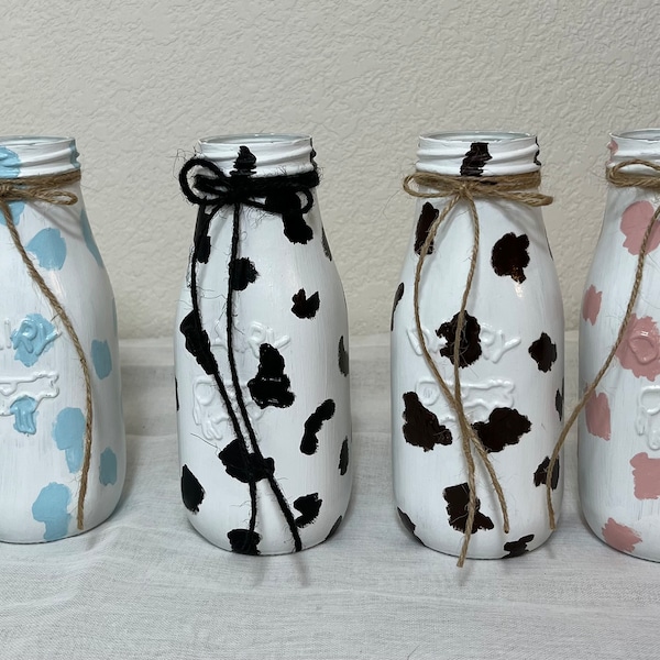 Milk Bottles, Rustic Dairy Cow Print Milk Bottles, Holiday Milk Bottles, Baby Shower Vases, Wedding Decor, Anniversary Farmhouse Table Decor