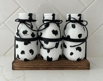 Dairy Cow Print Milk Bottles in Rustic Wooden Tray, Farmhouse Milk Cow Kitchen Decor, Country Baby Shower,  Wedding Milk Bottle Vase Set