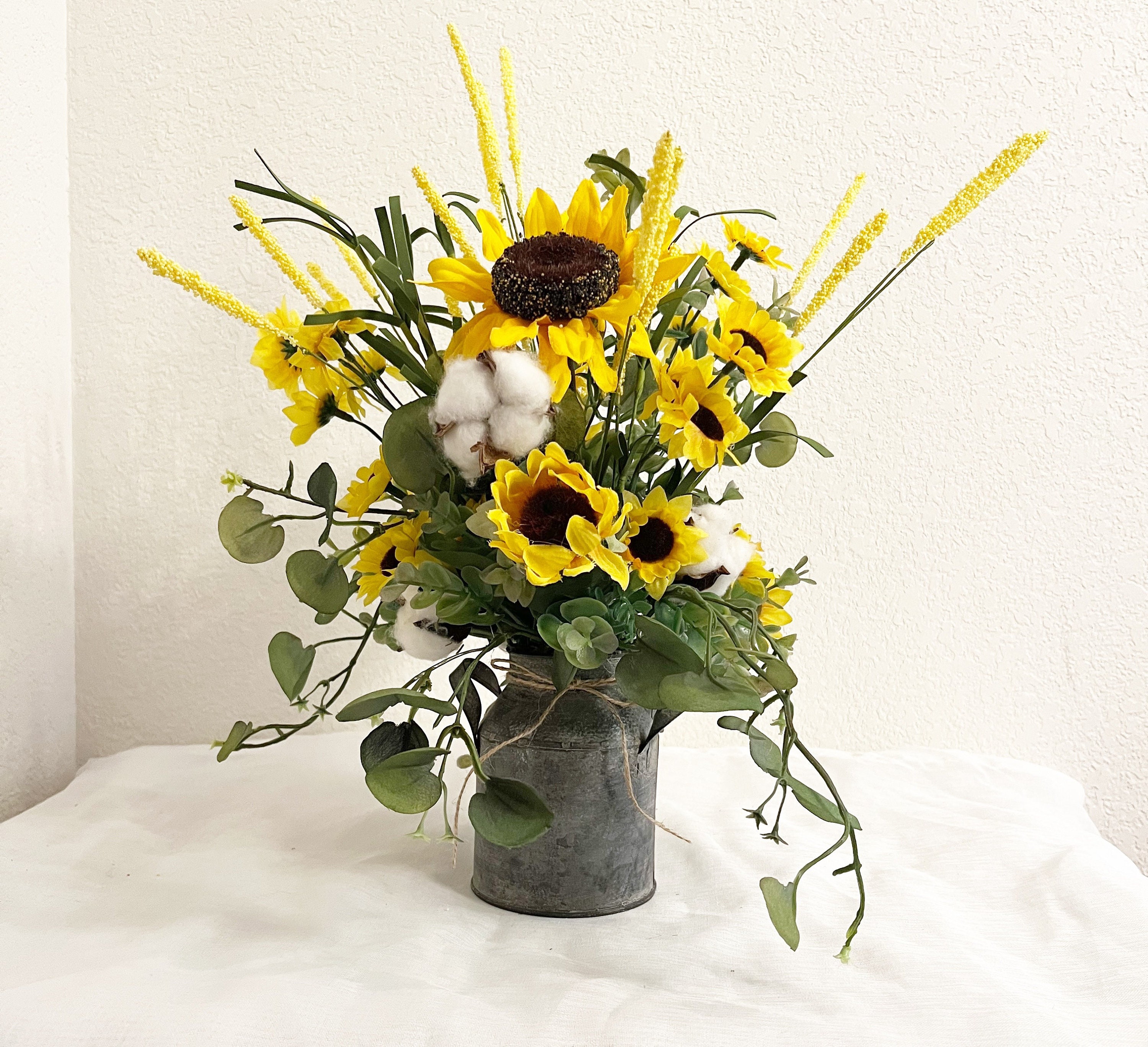 Rustic Sunflower Cotton Arrangement Farmhouse Summer Floral Centerpiece Yellow White Lavender Table Decor Wedding Tabletop
