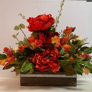 Peony & Rose Table Centerpiece, Rust and Beige Flower Arrangement, Entryway Home Decor