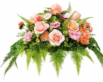 Peach Blush Rose Headstone Saddle Spray, Orange Peony Floral Cemetery Grave Decoration, Headstone Memorial Flower, Sympathy Grave Blanket
