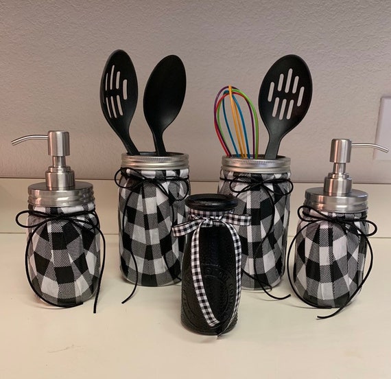 Buffalo Print Mason Jar Kitchen Set, Black and White Country Utensils  Container Set, Buffalo Plaid Farmhouse Kitchen Decor 