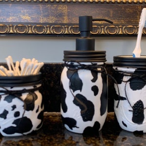 Cow Mason Jar Bathroom Set Black an White Country Bathroom - Etsy