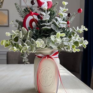 Peppermint Christmas Mason Jar Decor, Holiday Red and White Candy Centerpiece, Xmas Tabletop Arrangement, Winter Gift for Her