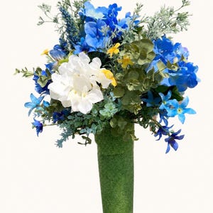 Blue Hydrangea Cemetery Flower Arrangement, Summer Graveside Vase Insert, Butterfly Grave Vase Floral, Drop In, Funeral Memorial Decoration