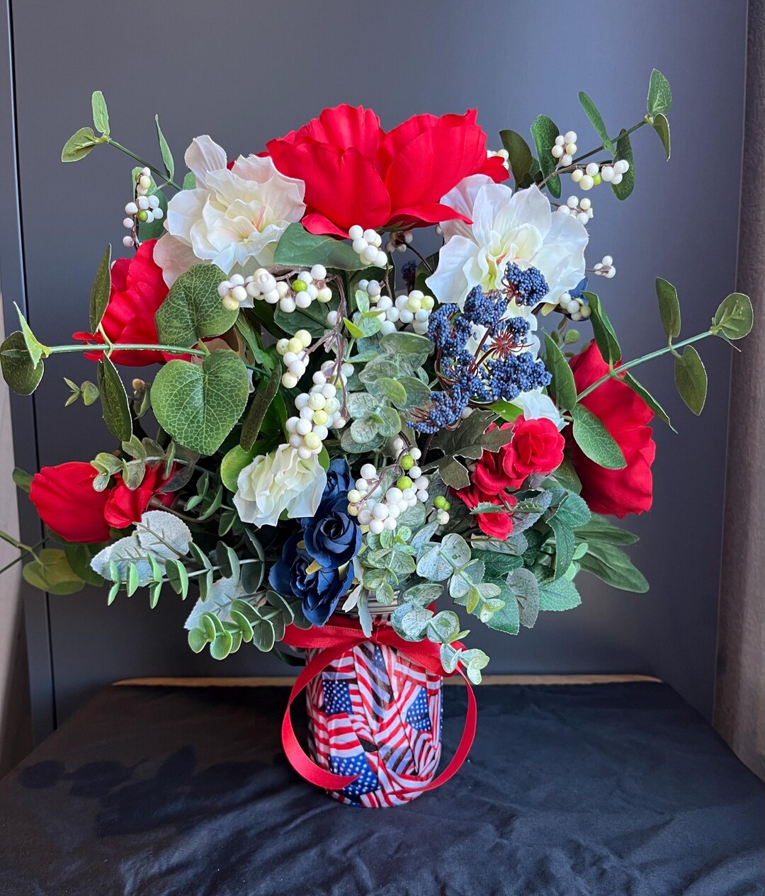 Red White Blue Farmhouse Flower Arrangement, American Flag Mason Jar ...