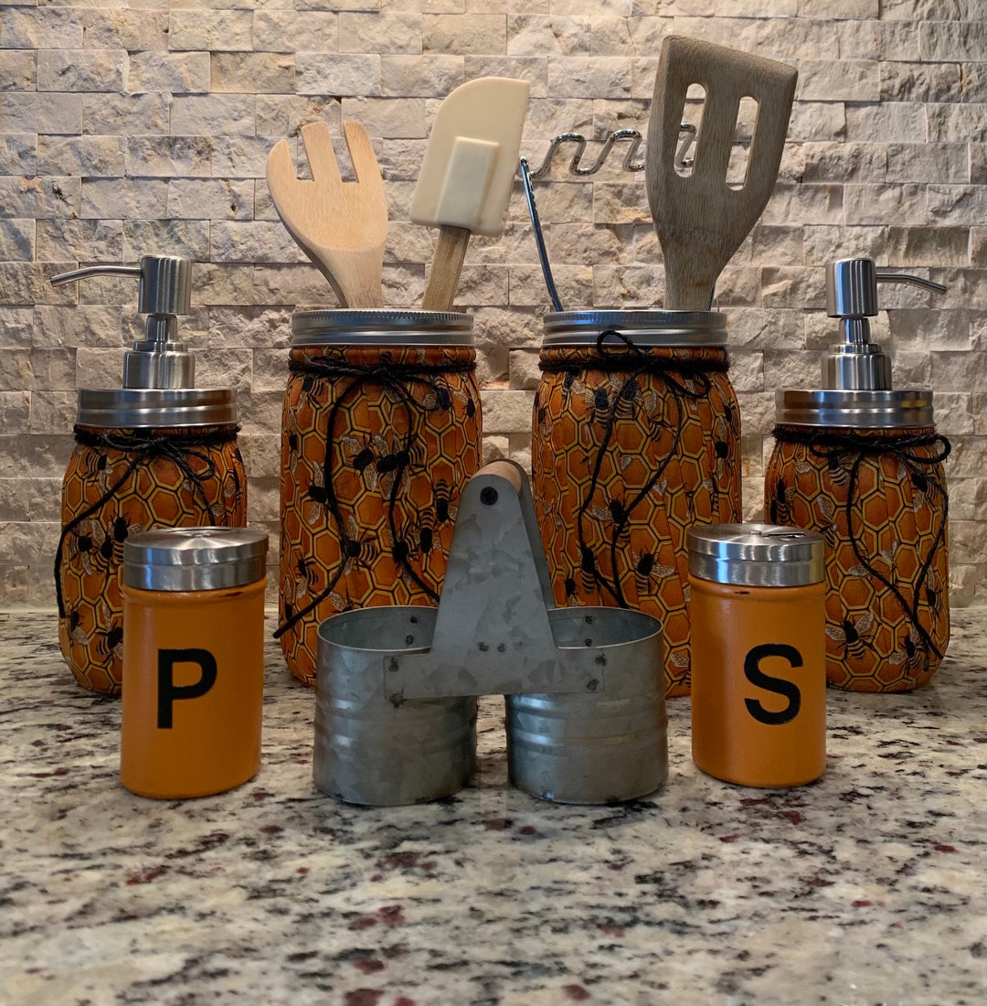 Bumblebee Kitchen Mason Jar Canister Set Honey Bee Utensil Holder